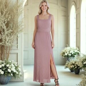 Adrianna Papell Rose/Blush Champagne Metallic Pleated Knit Gown